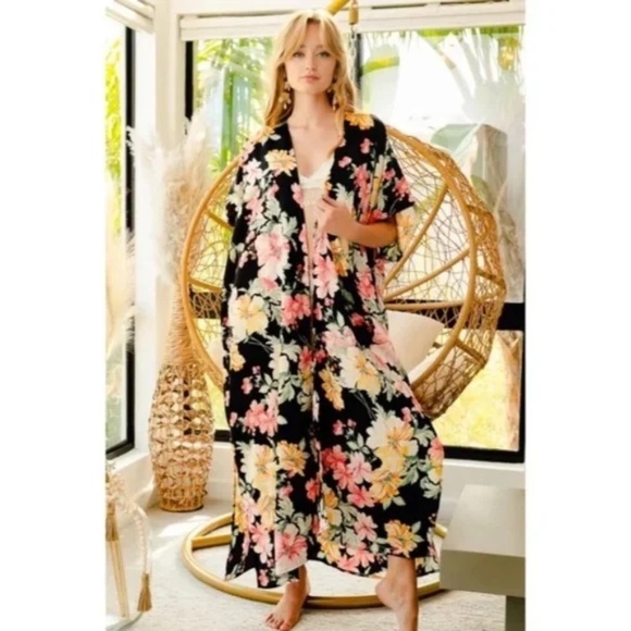 Black Tropical Hibiscus Floral Print Long Maxi Kimono Duster Wrap Coverup - Picture 3 of 3